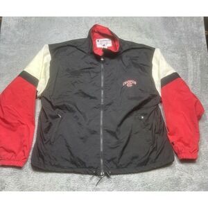Vintage Champion Jacket Mens XL Black Red Windbreaker Full Zip Nylon 90s *SPOTS